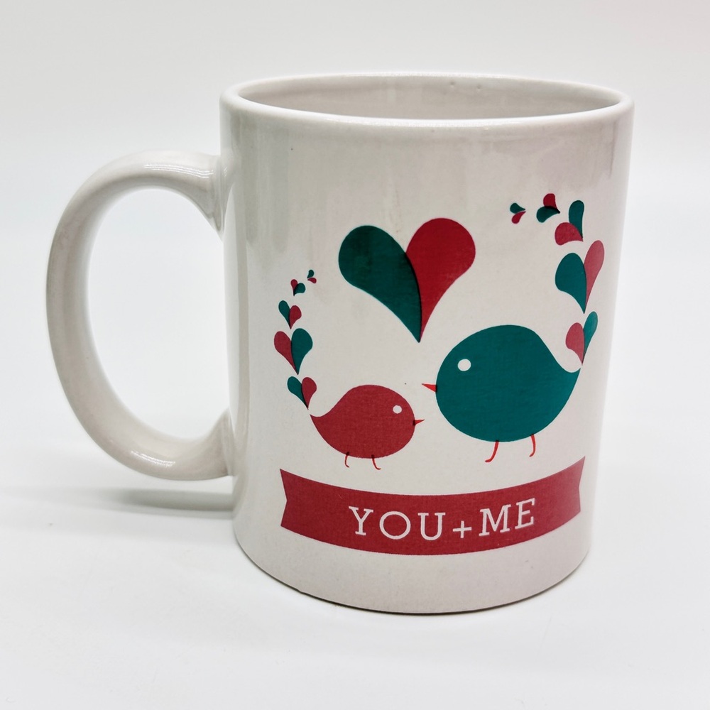 White Ceramic Mug with Mauve and Teal Green Bird Design‎ You + Me on both sides